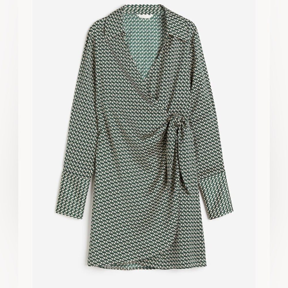 H&M Women’s Satin Wrap Short Green Beige long sleeve Dress Sz Small
